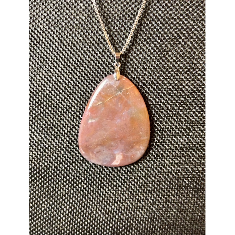 Pink Moss Agate Teardrop Pendant Necklace Stainless Steel Box Chain 30 Inch
